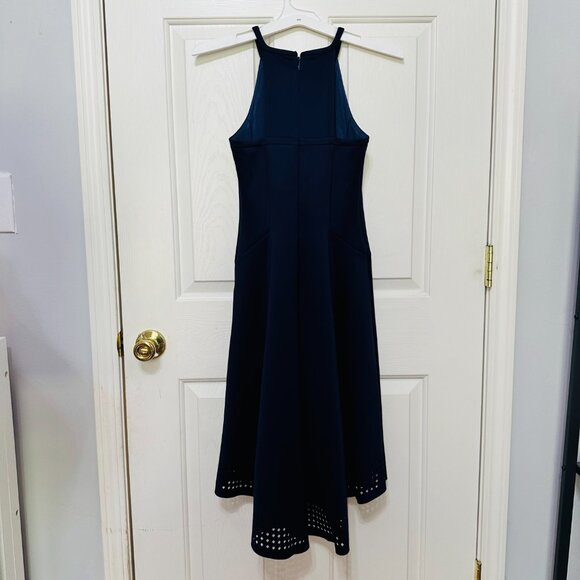LILLY PULITZER LASER CUT SCUBA HIGH LOW HALTER AURELIE MIDI DRESS NAVY - Picture 4 of 10